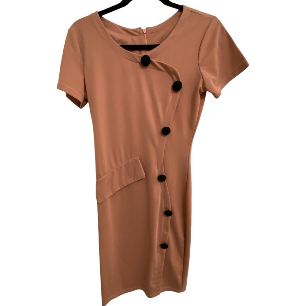 Retro Pencil Dress in Rose Pink with Black Buttons